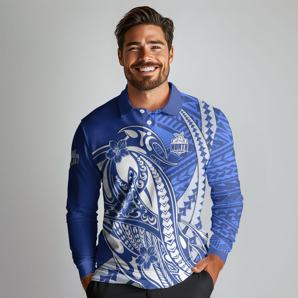 Personalized North Melbourne Kangaroos Long Sleeve Polo Shirt Polynesian Tribal Kangaroo Mascot With Hibiscus Floral Art
