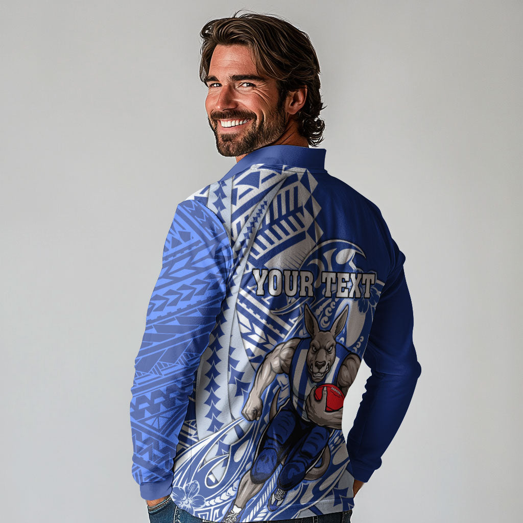 Personalized North Melbourne Kangaroos Long Sleeve Polo Shirt Polynesian Tribal Kangaroo Mascot With Hibiscus Floral Art