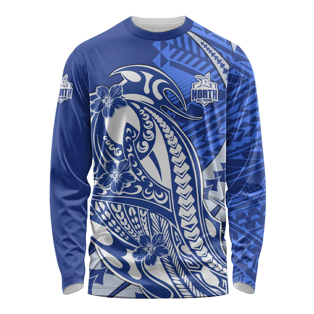 Personalized North Melbourne Kangaroos Long Sleeve Shirt Polynesian Tribal Kangaroo Mascot With Hibiscus Floral Art