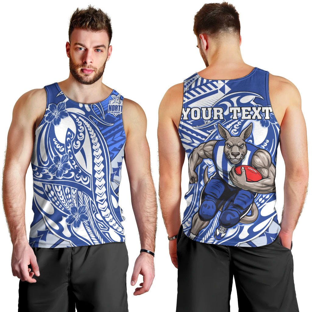 Personalized North Melbourne Kangaroos Men Tank Top Polynesian Tribal Kangaroo Mascot With Hibiscus Floral Art