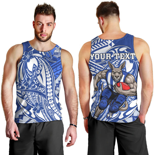 Personalized North Melbourne Kangaroos Men Tank Top Polynesian Tribal Kangaroo Mascot With Hibiscus Floral Art