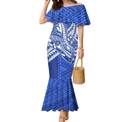 Personalized North Melbourne Kangaroos Mermaid Dress Polynesian Tribal Kangaroo Mascot With Hibiscus Floral Art