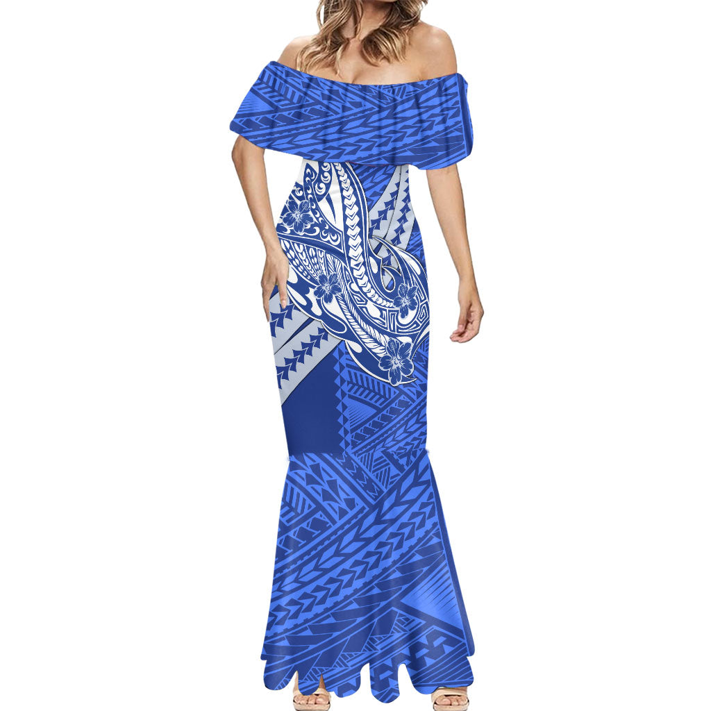 Personalized North Melbourne Kangaroos Mermaid Dress Polynesian Tribal Kangaroo Mascot With Hibiscus Floral Art