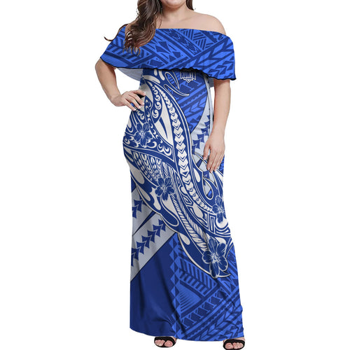 Personalized North Melbourne Kangaroos Off Shoulder Maxi Dress Polynesian Tribal Kangaroo Mascot With Hibiscus Floral Art