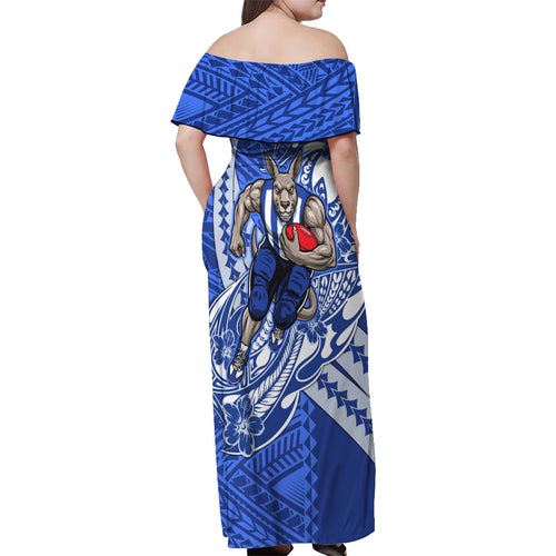 Personalized North Melbourne Kangaroos Off Shoulder Maxi Dress Polynesian Tribal Kangaroo Mascot With Hibiscus Floral Art