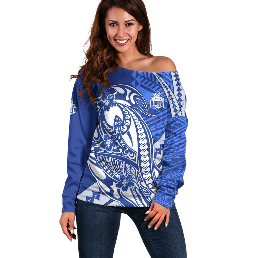 Personalized North Melbourne Kangaroos Off Shoulder Sweater Polynesian Tribal Kangaroo Mascot With Hibiscus Floral Art