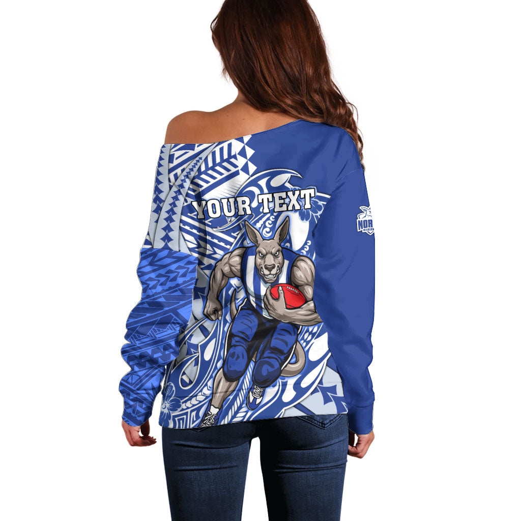 Personalized North Melbourne Kangaroos Off Shoulder Sweater Polynesian Tribal Kangaroo Mascot With Hibiscus Floral Art
