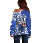 Personalized North Melbourne Kangaroos Off Shoulder Sweater Polynesian Tribal Kangaroo Mascot With Hibiscus Floral Art