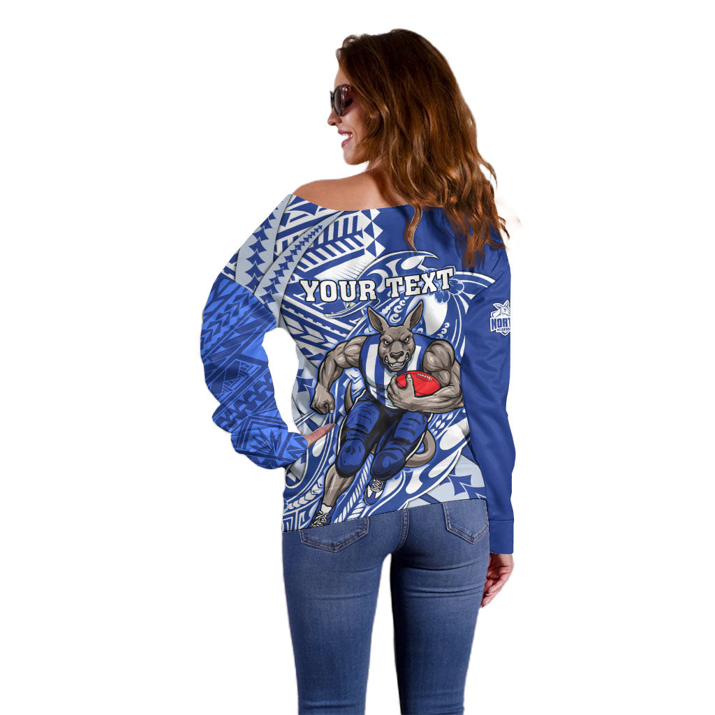 Personalized North Melbourne Kangaroos Off Shoulder Sweater Polynesian Tribal Kangaroo Mascot With Hibiscus Floral Art