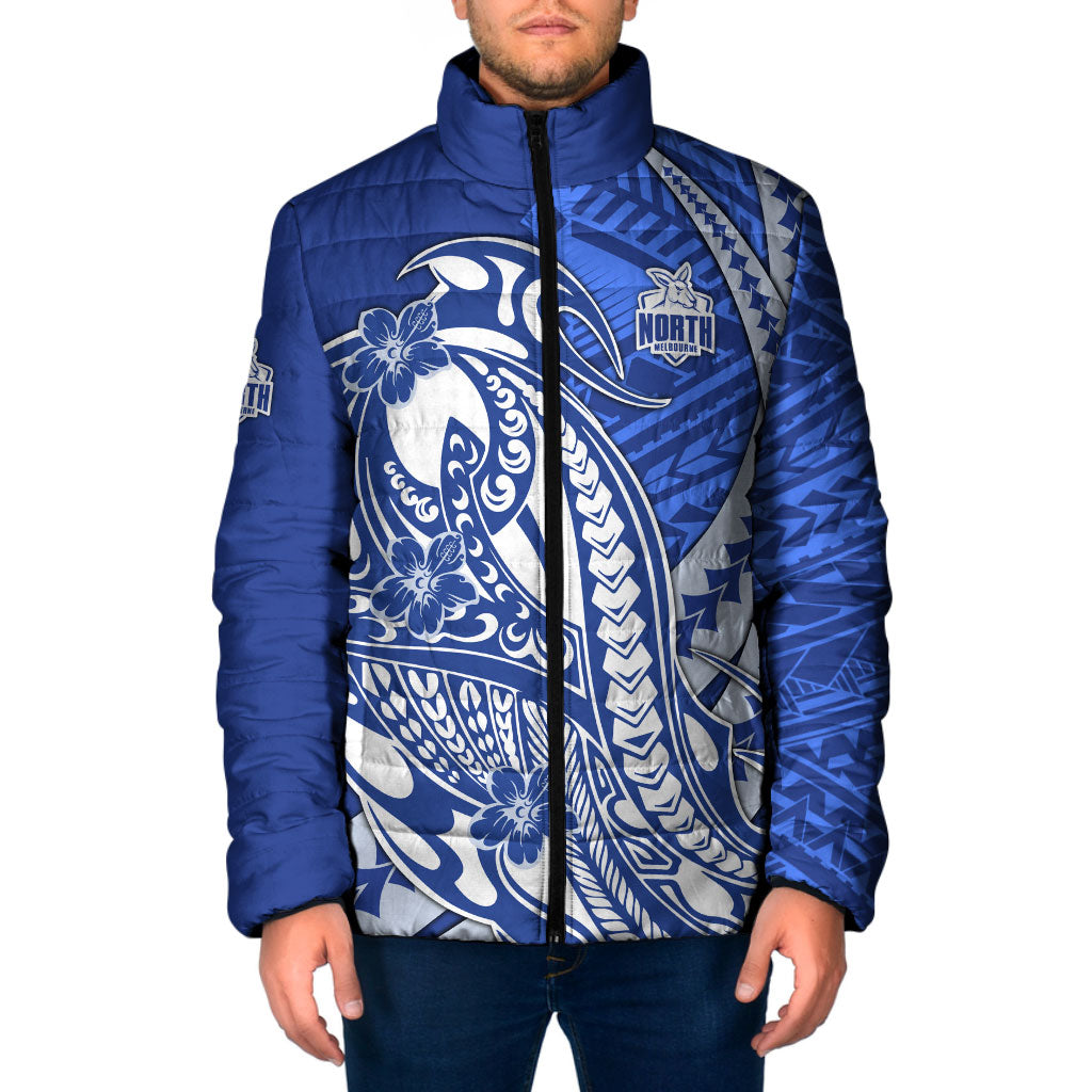 Personalized North Melbourne Kangaroos Padded Jacket Polynesian Tribal Kangaroo Mascot With Hibiscus Floral Art
