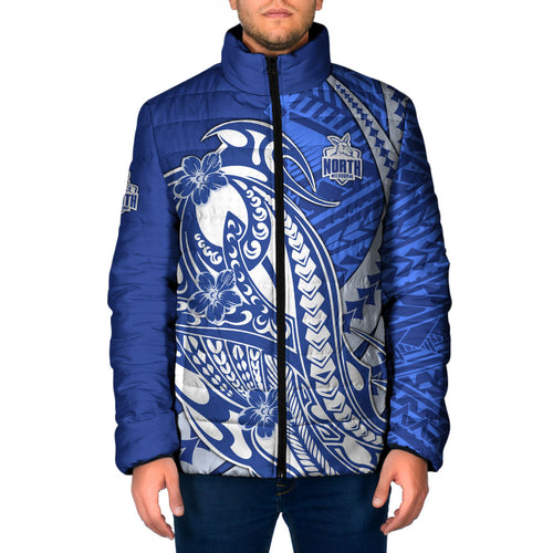 Personalized North Melbourne Kangaroos Padded Jacket Polynesian Tribal Kangaroo Mascot With Hibiscus Floral Art