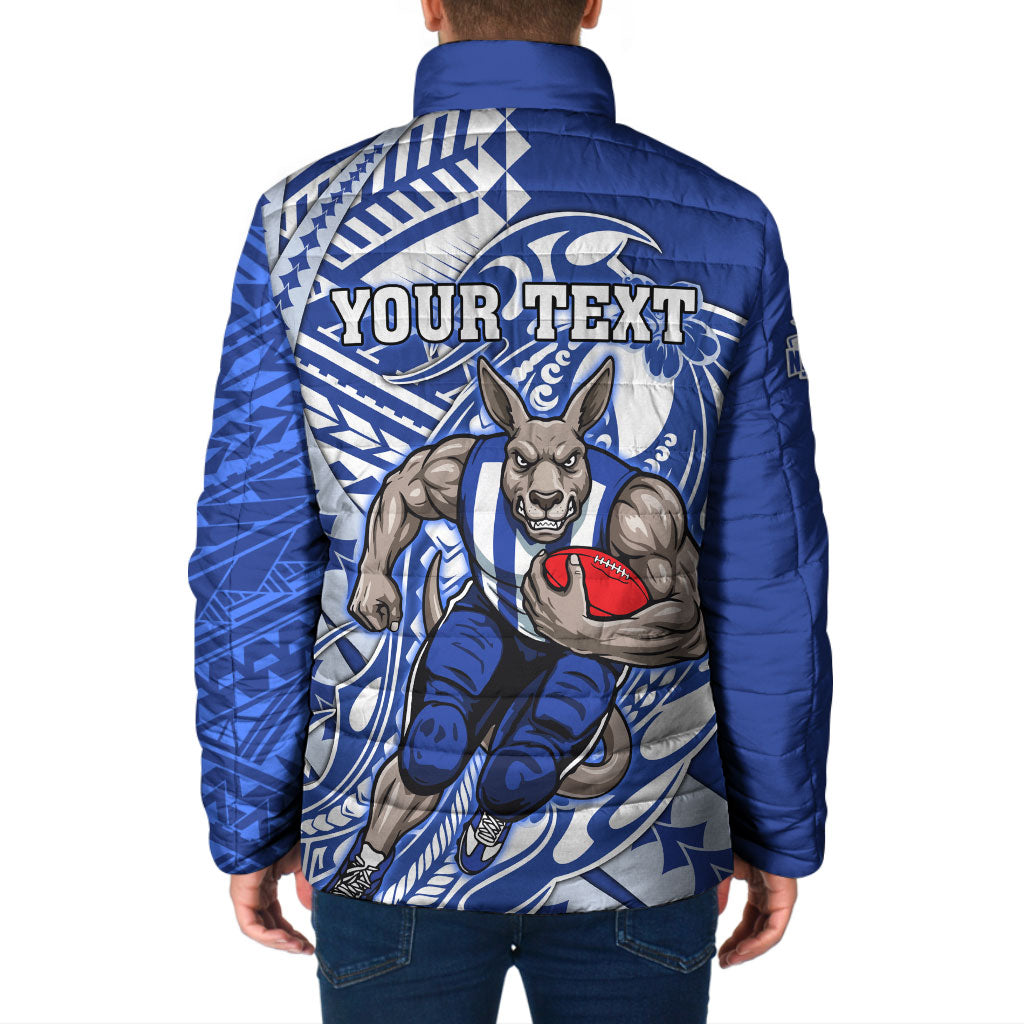 Personalized North Melbourne Kangaroos Padded Jacket Polynesian Tribal Kangaroo Mascot With Hibiscus Floral Art