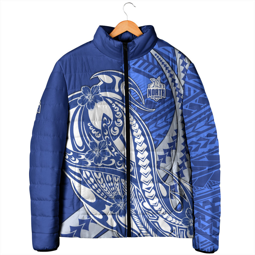 Personalized North Melbourne Kangaroos Padded Jacket Polynesian Tribal Kangaroo Mascot With Hibiscus Floral Art