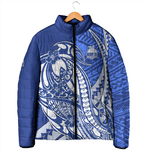Personalized North Melbourne Kangaroos Padded Jacket Polynesian Tribal Kangaroo Mascot With Hibiscus Floral Art