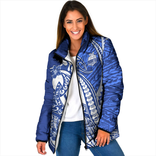 Personalized North Melbourne Kangaroos Padded Jacket Polynesian Tribal Kangaroo Mascot With Hibiscus Floral Art