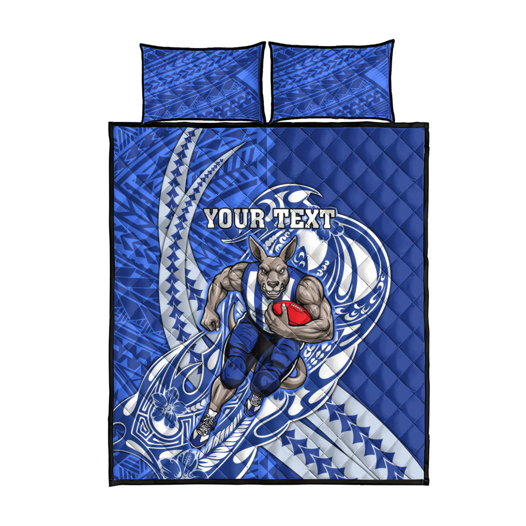 Personalized North Melbourne Kangaroos Quilt Bed Set Polynesian Tribal Kangaroo Mascot With Hibiscus Floral Art