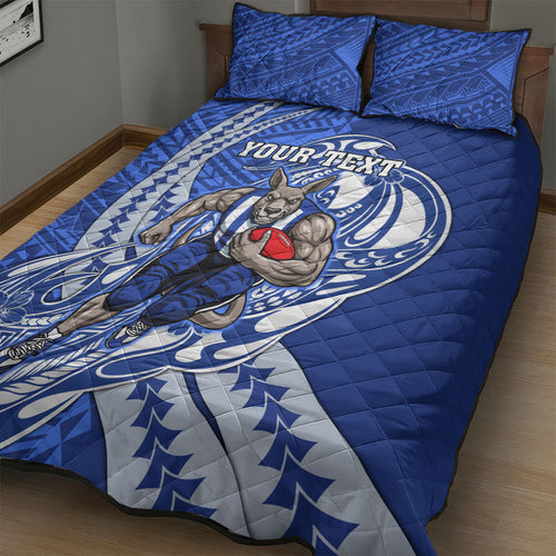 Personalized North Melbourne Kangaroos Quilt Bed Set Polynesian Tribal Kangaroo Mascot With Hibiscus Floral Art