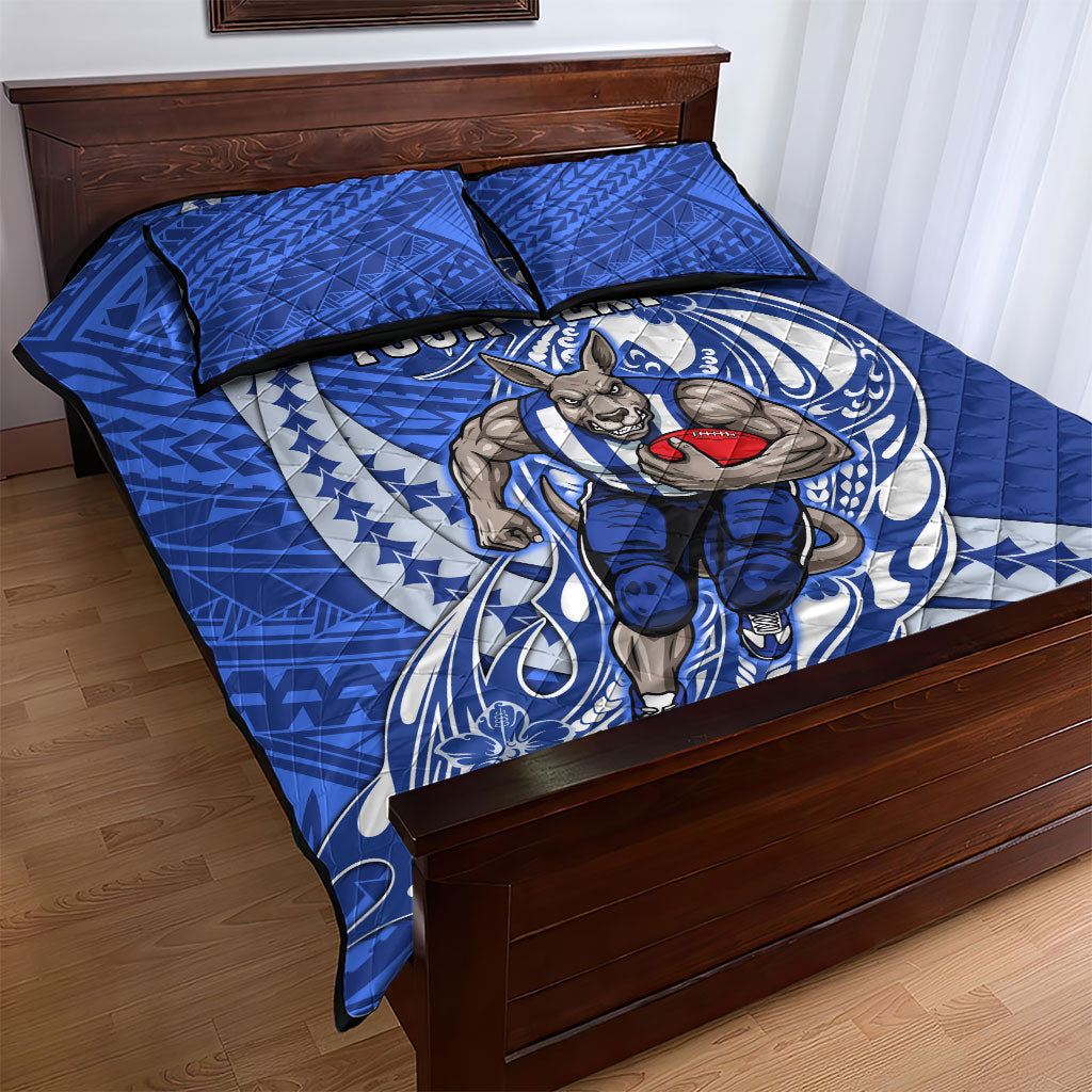 Personalized North Melbourne Kangaroos Quilt Bed Set Polynesian Tribal Kangaroo Mascot With Hibiscus Floral Art