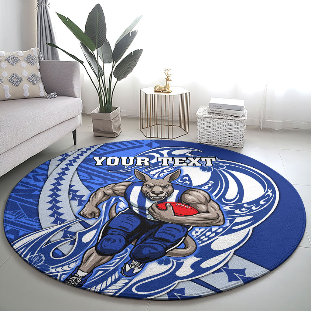 Personalized North Melbourne Kangaroos Round Carpet Polynesian Tribal Kangaroo Mascot With Hibiscus Floral Art