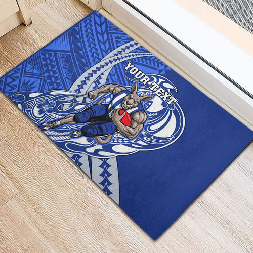 Personalized North Melbourne Kangaroos Rubber Doormat Polynesian Tribal Kangaroo Mascot With Hibiscus Floral Art