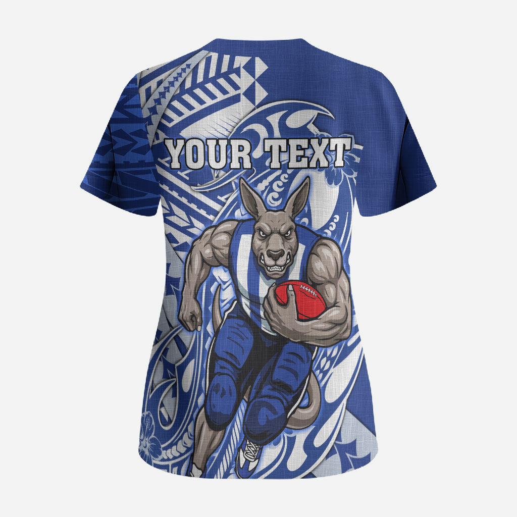 Personalized North Melbourne Kangaroos Scrub Top Polynesian Tribal Kangaroo Mascot With Hibiscus Floral Art