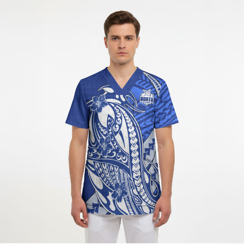 Personalized North Melbourne Kangaroos Scrub Top Polynesian Tribal Kangaroo Mascot With Hibiscus Floral Art