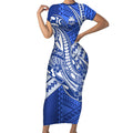 Personalized North Melbourne Kangaroos Short Sleeve Bodycon Dress Polynesian Tribal Kangaroo Mascot With Hibiscus Floral Art