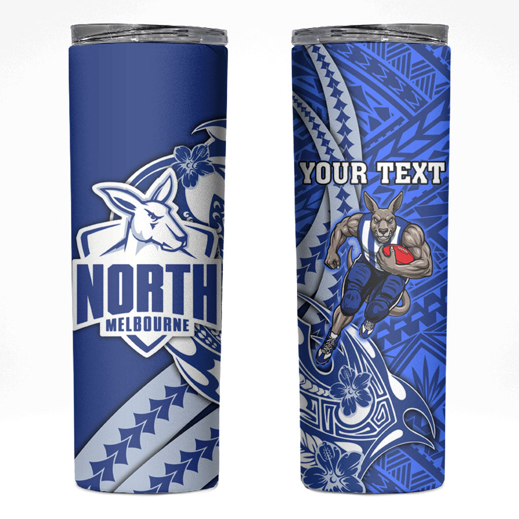 Personalized North Melbourne Kangaroos Skinny Tumbler Polynesian Tribal Kangaroo Mascot With Hibiscus Floral Art