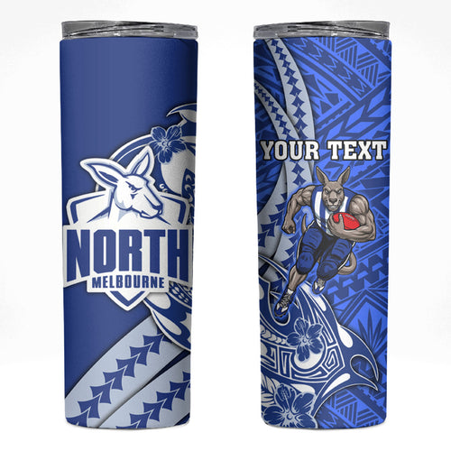 Personalized North Melbourne Kangaroos Skinny Tumbler Polynesian Tribal Kangaroo Mascot With Hibiscus Floral Art