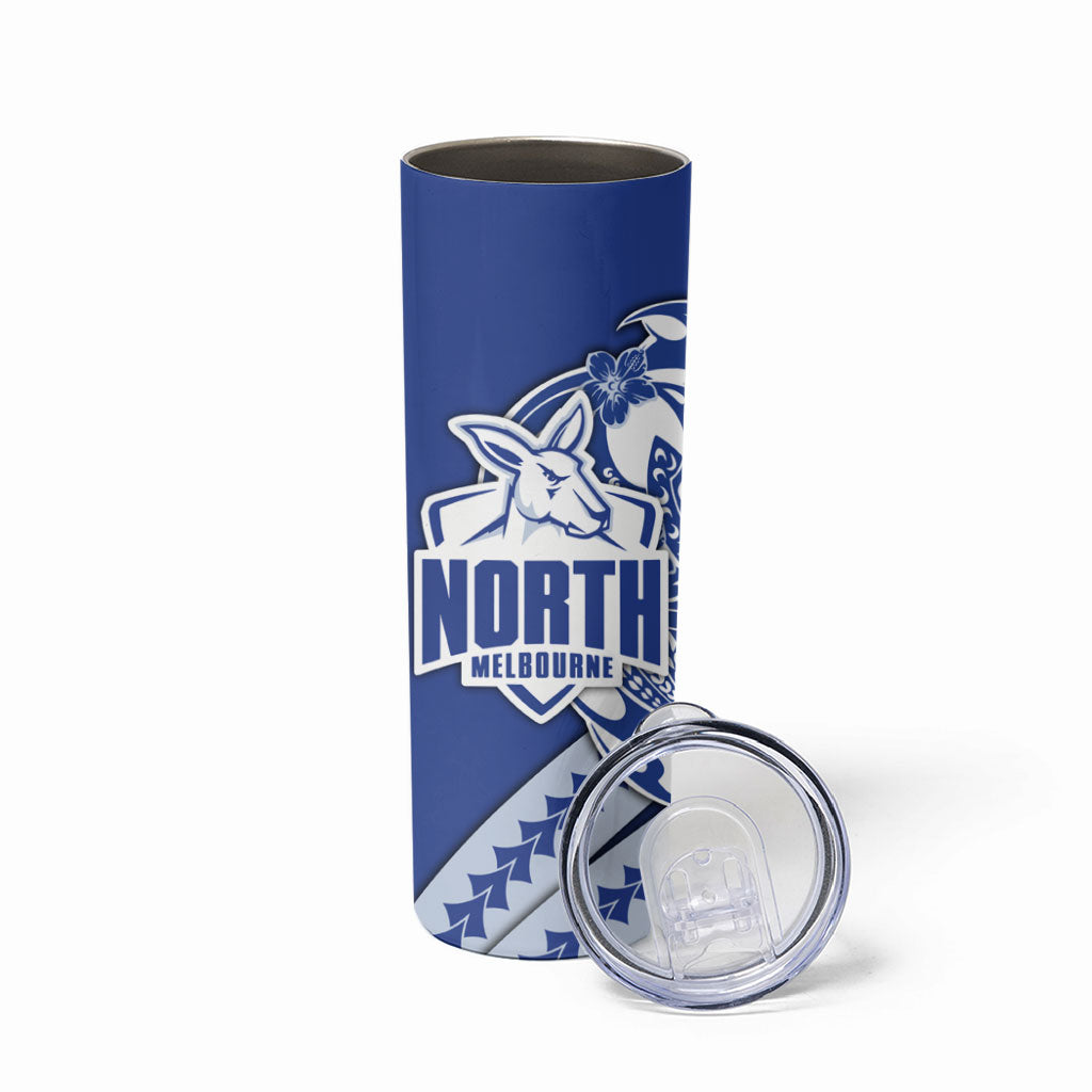 Personalized North Melbourne Kangaroos Skinny Tumbler Polynesian Tribal Kangaroo Mascot With Hibiscus Floral Art