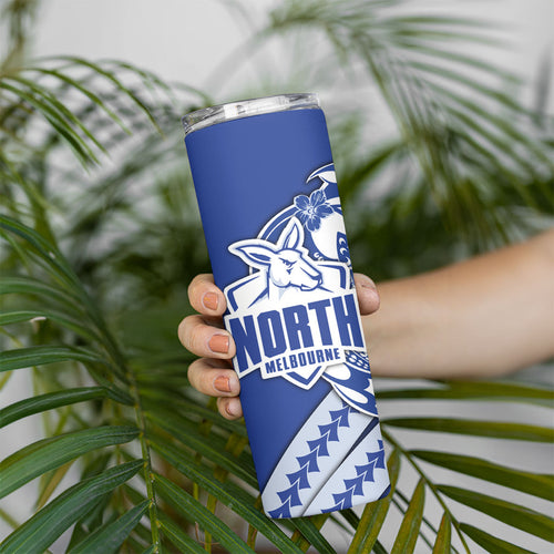 Personalized North Melbourne Kangaroos Skinny Tumbler Polynesian Tribal Kangaroo Mascot With Hibiscus Floral Art
