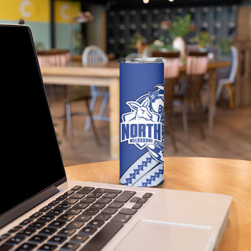 Personalized North Melbourne Kangaroos Skinny Tumbler Polynesian Tribal Kangaroo Mascot With Hibiscus Floral Art