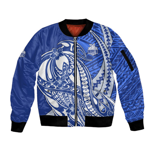 Personalized North Melbourne Kangaroos Sleeve Zip Bomber Jacket Polynesian Tribal Kangaroo Mascot With Hibiscus Floral Art