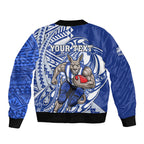 Personalized North Melbourne Kangaroos Sleeve Zip Bomber Jacket Polynesian Tribal Kangaroo Mascot With Hibiscus Floral Art