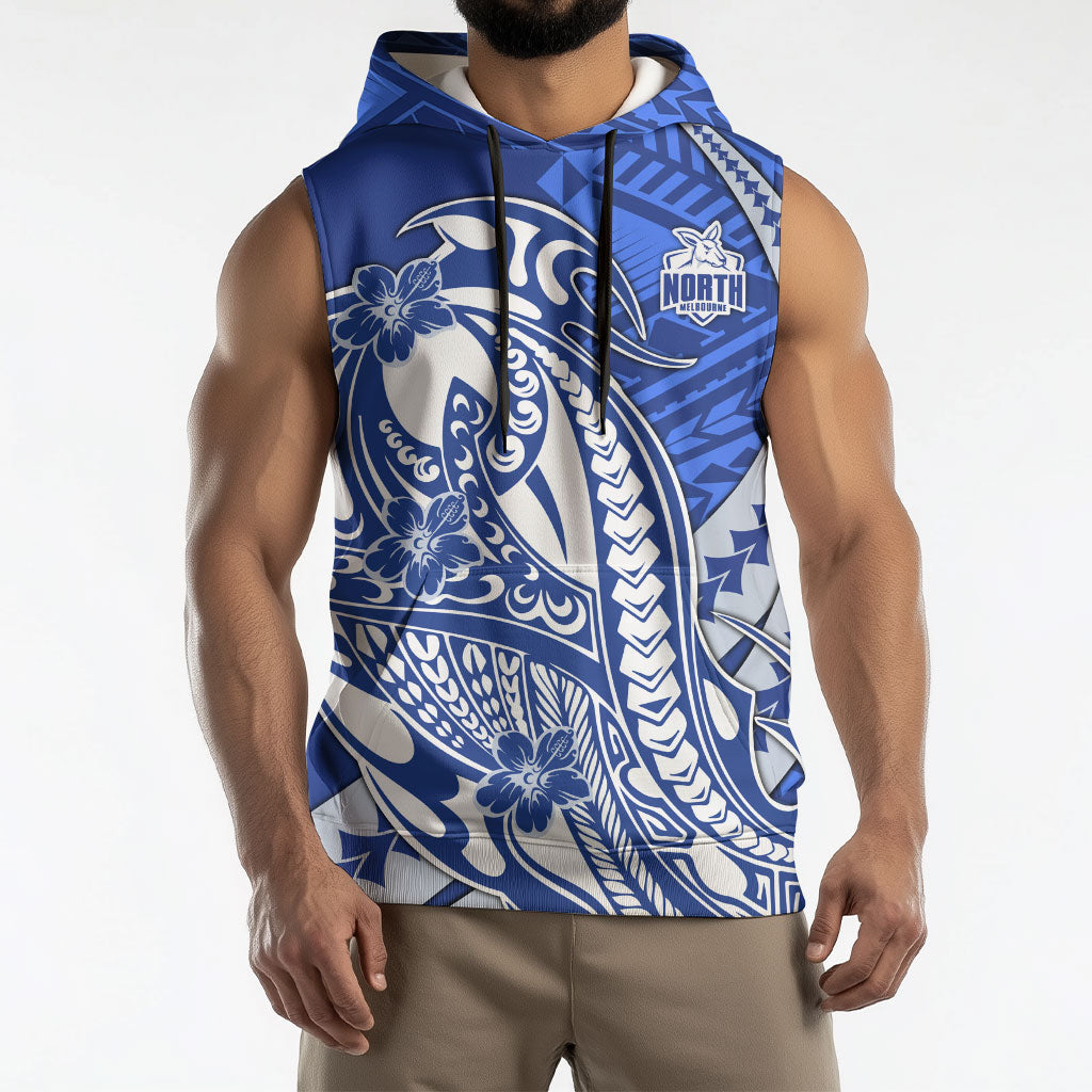 Personalized North Melbourne Kangaroos Sleeveless Hoodie Polynesian Tribal Kangaroo Mascot With Hibiscus Floral Art