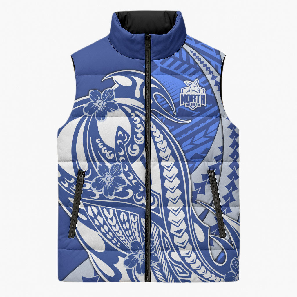 Personalized North Melbourne Kangaroos Sleeveless Puffer Jacket Polynesian Tribal Kangaroo Mascot With Hibiscus Floral Art