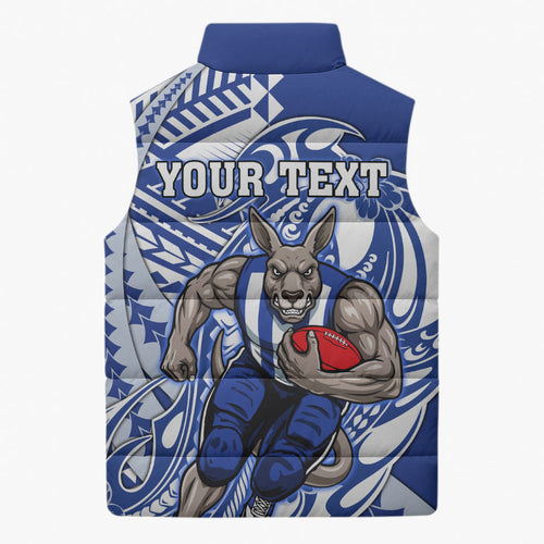 Personalized North Melbourne Kangaroos Sleeveless Puffer Jacket Polynesian Tribal Kangaroo Mascot With Hibiscus Floral Art