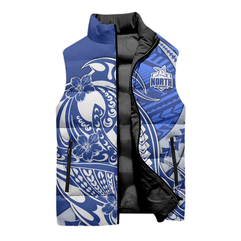 Personalized North Melbourne Kangaroos Sleeveless Puffer Jacket Polynesian Tribal Kangaroo Mascot With Hibiscus Floral Art