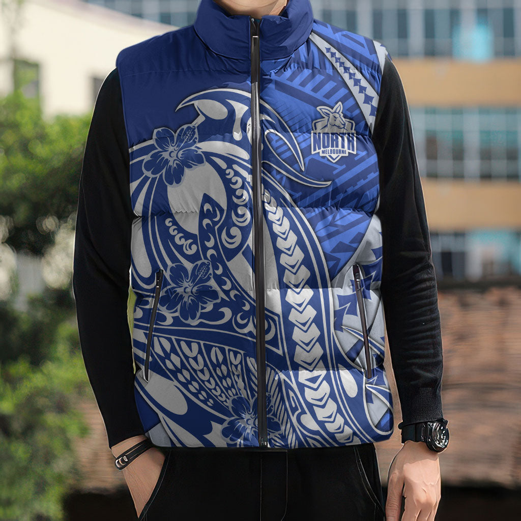Personalized North Melbourne Kangaroos Sleeveless Puffer Jacket Polynesian Tribal Kangaroo Mascot With Hibiscus Floral Art