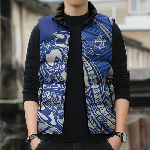 Personalized North Melbourne Kangaroos Sleeveless Puffer Jacket Polynesian Tribal Kangaroo Mascot With Hibiscus Floral Art