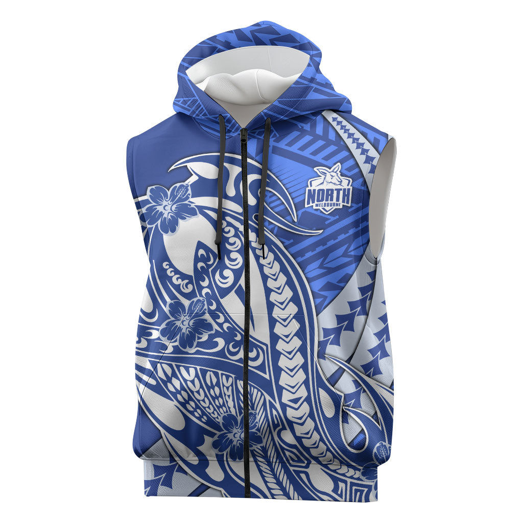 Personalized North Melbourne Kangaroos Sleeveless Zip Hoodie Polynesian Tribal Kangaroo Mascot With Hibiscus Floral Art