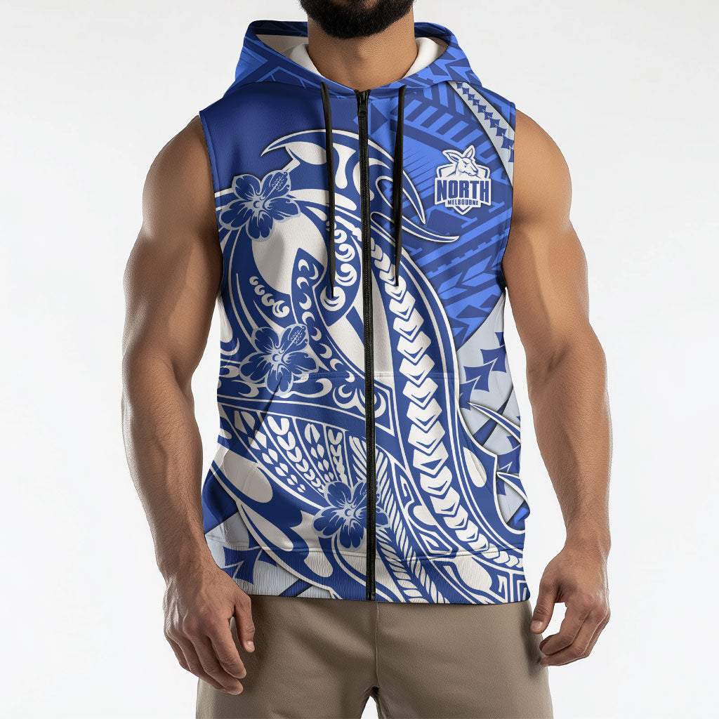 Personalized North Melbourne Kangaroos Sleeveless Zip Hoodie Polynesian Tribal Kangaroo Mascot With Hibiscus Floral Art