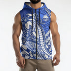 Personalized North Melbourne Kangaroos Sleeveless Zip Hoodie Polynesian Tribal Kangaroo Mascot With Hibiscus Floral Art