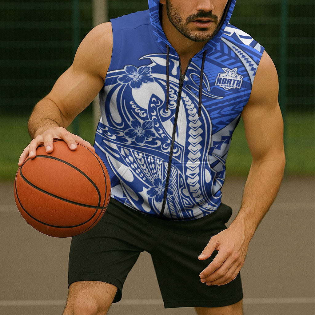 Personalized North Melbourne Kangaroos Sleeveless Zip Hoodie Polynesian Tribal Kangaroo Mascot With Hibiscus Floral Art
