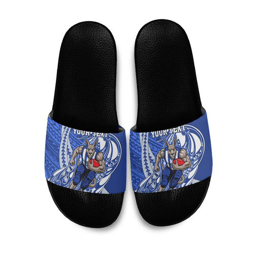 Personalized North Melbourne Kangaroos Slide Sandals Polynesian Tribal Kangaroo Mascot With Hibiscus Floral Art
