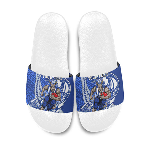 Personalized North Melbourne Kangaroos Slide Sandals Polynesian Tribal Kangaroo Mascot With Hibiscus Floral Art