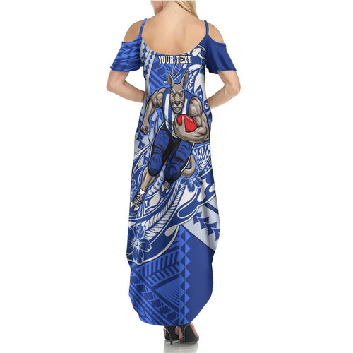 Personalized North Melbourne Kangaroos Summer Maxi Dress Polynesian Tribal Kangaroo Mascot With Hibiscus Floral Art