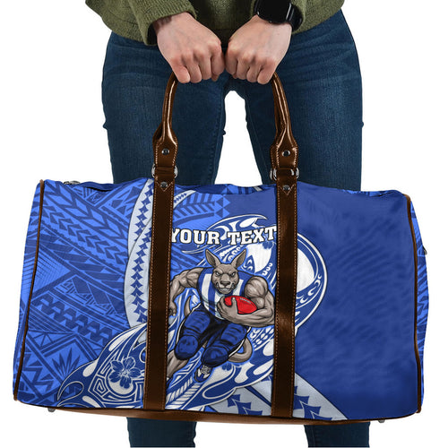 Personalized North Melbourne Kangaroos Travel Bag Polynesian Tribal Kangaroo Mascot With Hibiscus Floral Art