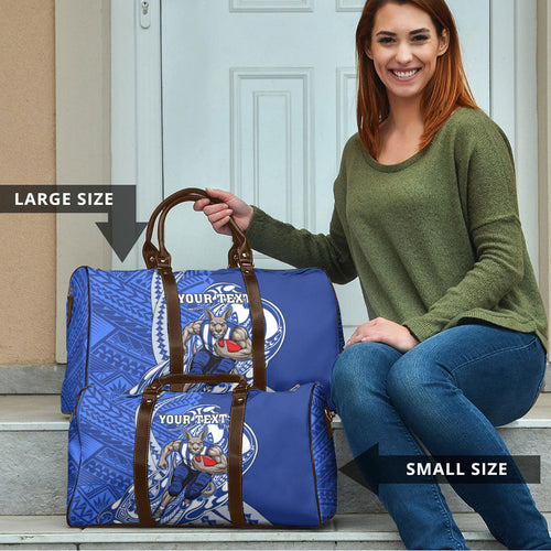 Personalized North Melbourne Kangaroos Travel Bag Polynesian Tribal Kangaroo Mascot With Hibiscus Floral Art