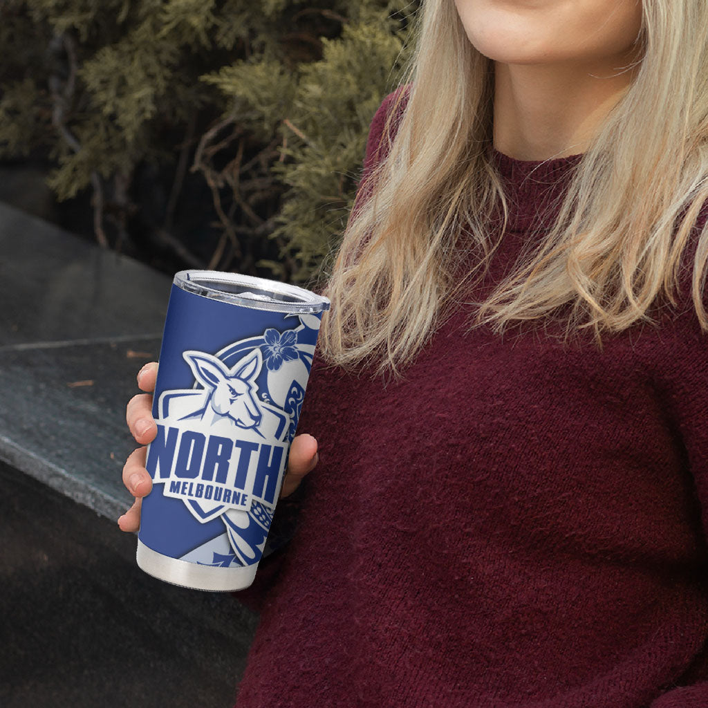 Personalized North Melbourne Kangaroos Tumbler Cup Polynesian Tribal Kangaroo Mascot With Hibiscus Floral Art